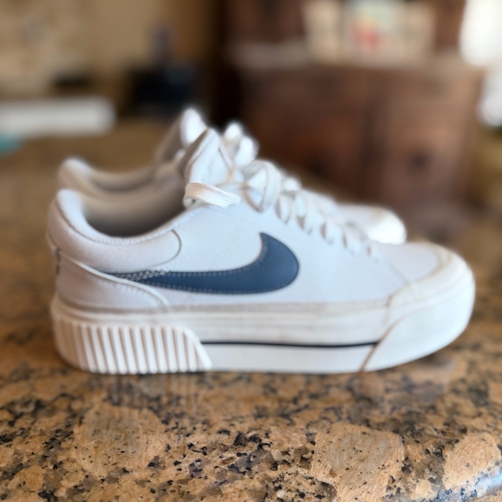 Nike White Sneakers with Blue Swoosh Platform - Picture 4 of 15